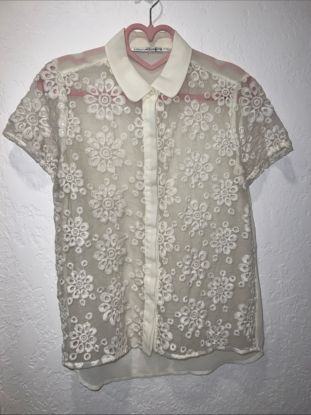Collective Concepts Cream Sheer Floral Lace Button Blouse